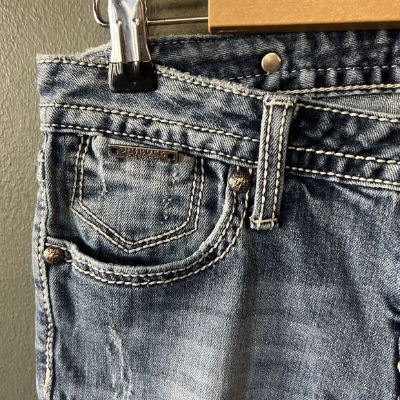 ReRock For Express Jeans Womens 4R Blue Denim Skinny Embroidered Hardware Logo - Picture 3 of 6